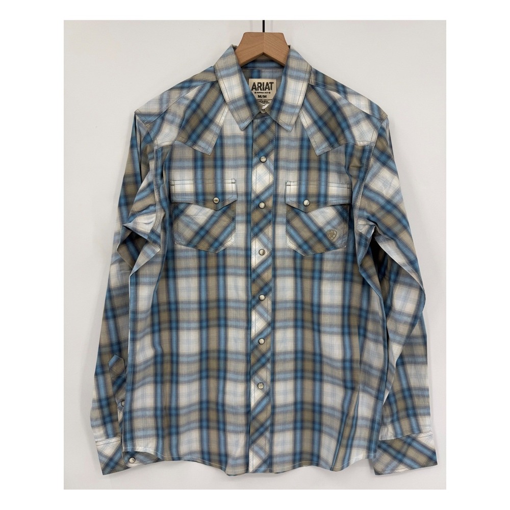 Ariat Shirt Mens Medium Blue Plaid Pearl Snap Retro Fit Western Long Sleeve NEW